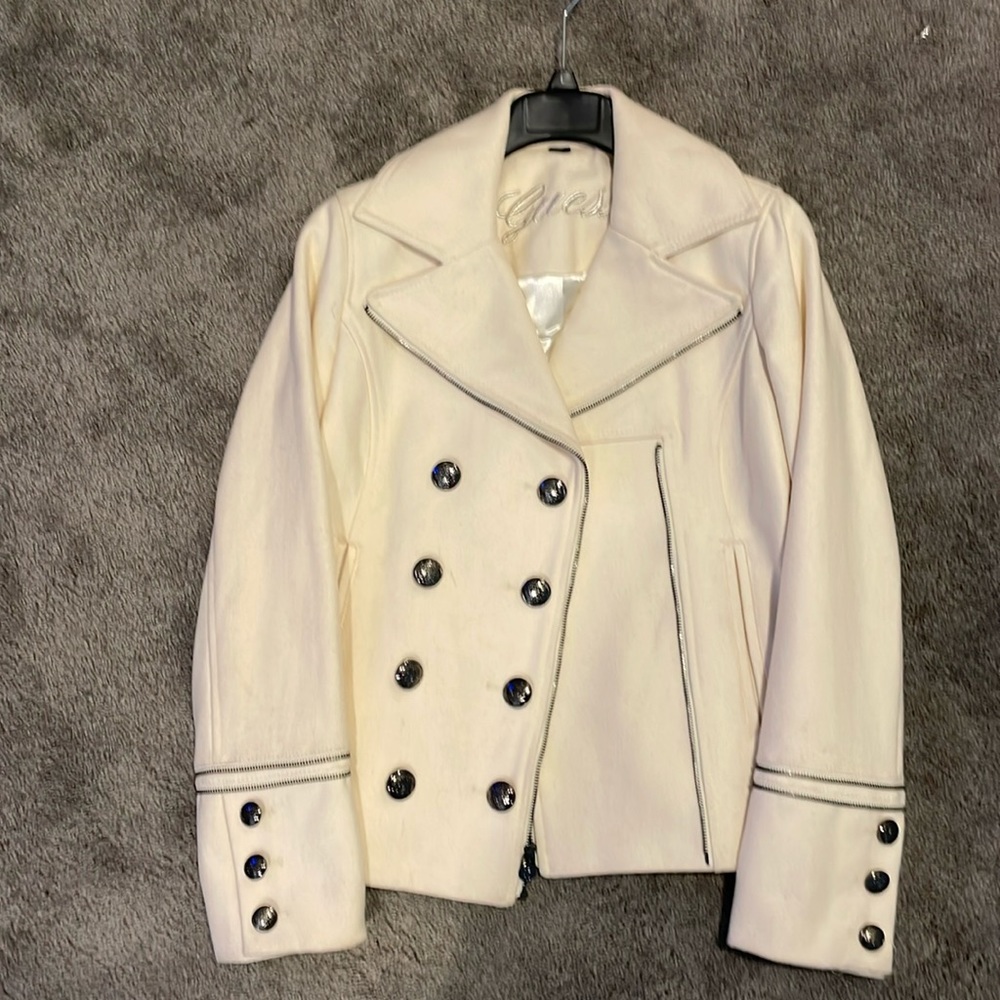 Short, white Guess peacoat